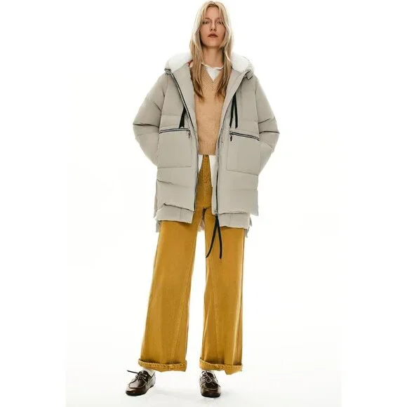 Women's Thickened Beige Clothing Down Vest Jacket Warm Fleece Lined Hood Coat